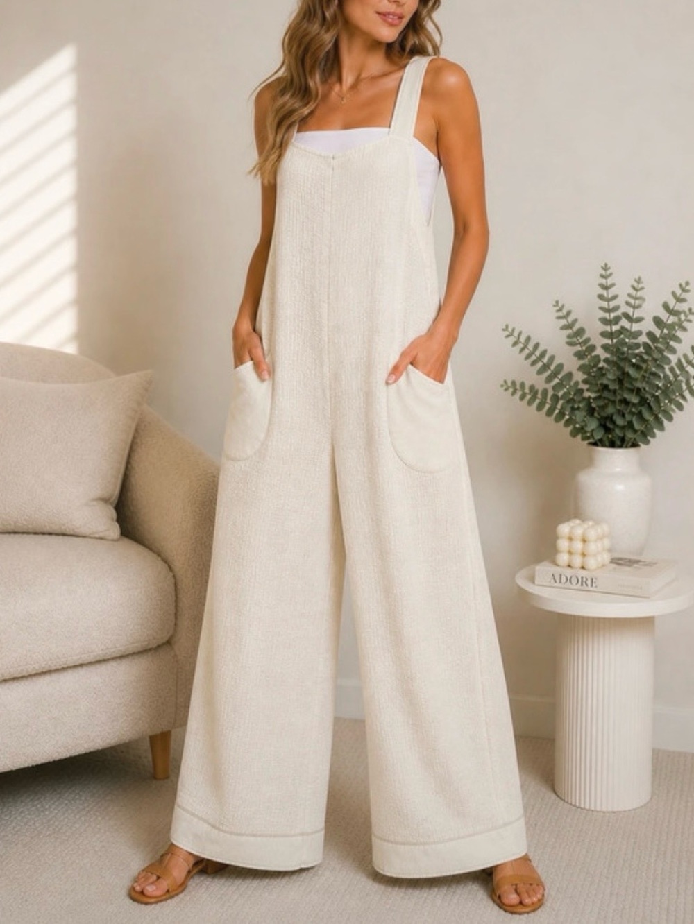 Zenana Knit Waffle Wide Leg Overalls Sand Beige/Brown/Turquoise S/M - Picture 1 of 12